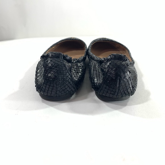 Tory Burch Sz 9 Black Cap Toe Leather Snake Skin Print Ballet Scrunch Back Flats - Picture 8 of 12